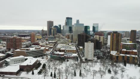 Minneapolis-Skyline-on-Cold-Winter-Day,-Aerial-View