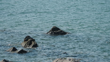 Eine-Fixierte-Zeitlupenaufnahme-Von-Sanften-Wellen,-Die-Gegen-Die-Felsen-An-Der-Küste-Schlagen