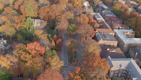 Aerial-push-down-Wydown-Boulevard-with-houses-and-apartment-buildings-and-cars-on-the-street-on-a-beautiful-Autumn-day-with-trees-at-peak-color