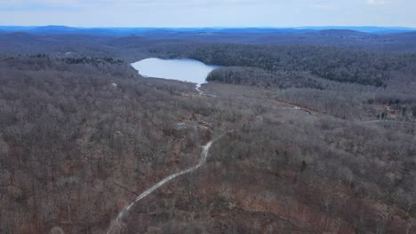 Aerial-drone-footage-of-vast-wilderness-with-bare-tree-canopy-and-a-lake-in-the-distance-during-winter-in-the-Appalachian-Mountains