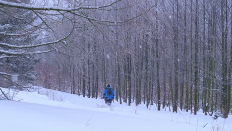 Man-walking-through-the-forest-on-a-beautiful-winter-day-with-heavy-snowfall
