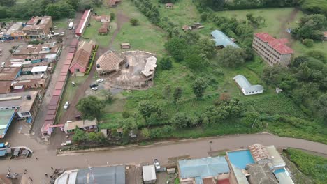Aerial-View-Of-Rural-Landscape-With-Streets-And-Old-Structures-In-The-Town-Of-Loitokitok,-Kenya---aerial-drone-shot