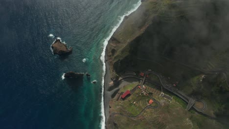 Aerial-of-amazing-ocean-rock-formation-on-wild-volcanic-coast-of-Madeira