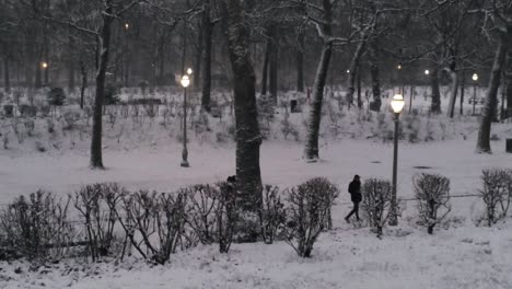 Magical-winter-view-of-people-walking-in-the-lighted-snowy-city-park-at-dusk---aerial-lift-up
