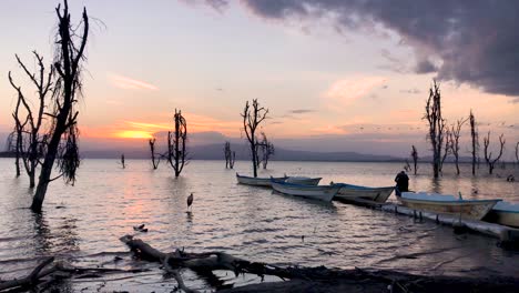 Schöne-Aussicht-Auf-Den-Sonnenuntergang-Am-See-Mit-Ruhigen-Wellen,-Während-Fischer-Boote-Andocken-Und-Vogelschwärme-Durch-Den-Himmel-Fliegen