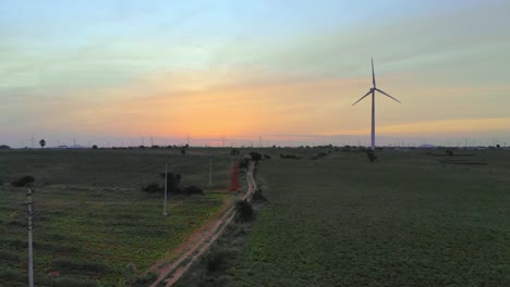 Luftaufnahme-Der-Energieerzeugung-Von-Windkraftanlagen---4k-Luftaufnahme-Bei-Sonnenuntergang
