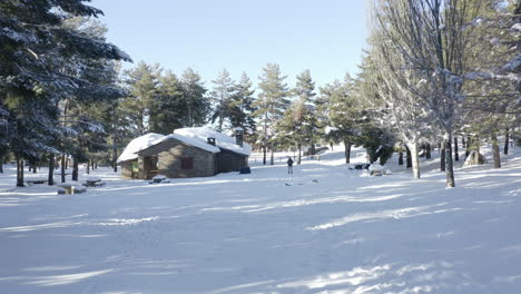 Cabaña-De-Madera-Abandonada-En-El-Bosque-Nevado-Con-Una-Persona-Solitaria-Y-Cielo-Azul