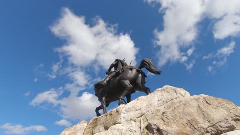 Skanderbeg-monument-in-the-center-of-Tirana-city,-Albania