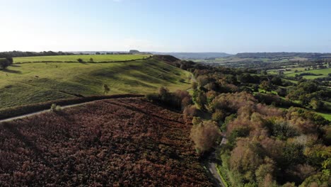Aerial-panning-right-shot-of-Hartridge-Hill-looking-South-down-the-Otter-Valley,-Devon,-England