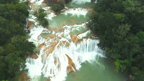 Aerial-view-of-the-majestic-turquoise-waterfalls-at-Agua-Azul-Chiapas