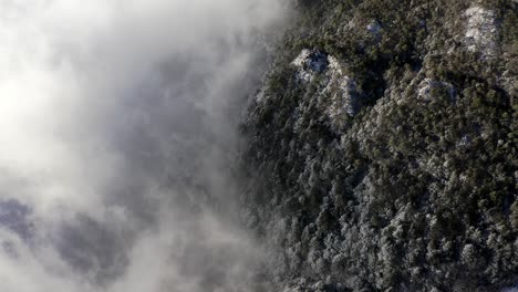 Aerial-view-above-clouds-over-cold-snowy-mountain-forest