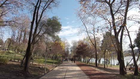 Walkway-leisure-path-crossing-Tirana's-Grand-park-alongside-the-artificial-Lake-in-Albania---Wide-push-in-dolly-shot