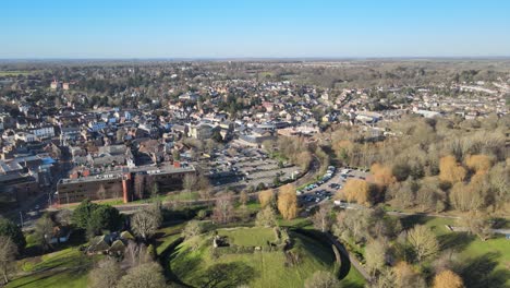 Bishop-Stortford-Castle-and-Park-town-in-background-Aerial-reveal