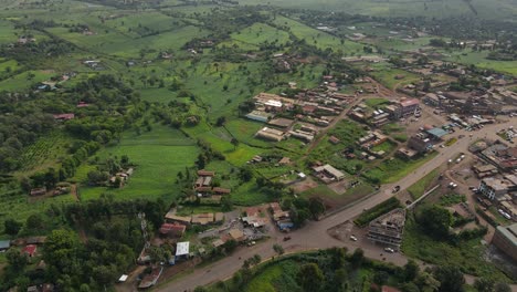 Bird's-Eye-View-Of-Countryside-Road-Between-Green-Fields-And-Trees-In-The-Rural-Town-Of-Loitokitok-In-Kenya---aerial-drone-shot