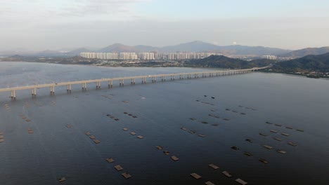 Hong-Kong-Shenzhen-Bay-Bridge-with-Tin-Shui-Wai-buildings-in-the-horizon-and-Fish-and-Oyster-cultivation-pools,-Aerial-view