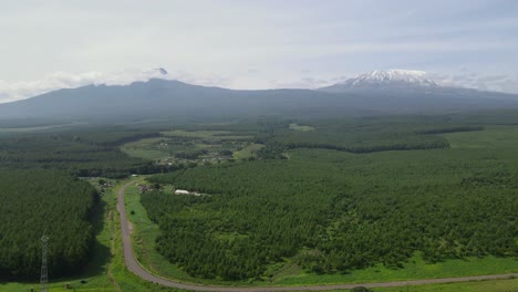 Paisaje-De-Bosque-Peludo-Entre-Carretera-Asfaltada-Con-Montañas-Nevadas-En-El-Fondo-En-Kilimanjaro-En-Kenia,-áfrica