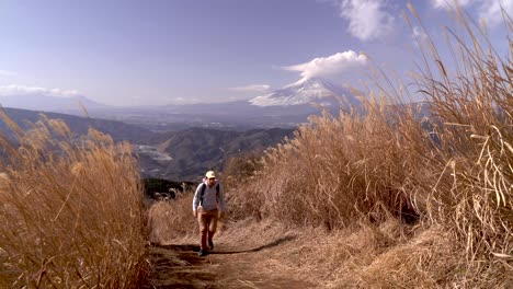 Male-hiker-walking-up-path-in-between-high-yellow-grass-with-Mount-Fuji-in-backdrop