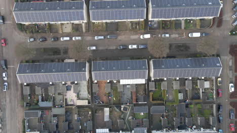 Top-down-aerial-of-residential-neighbourhood-with-solar-panels-on-rooftop