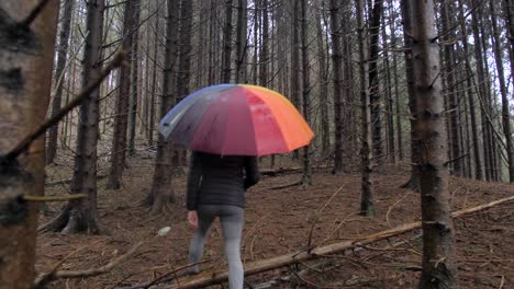 Zeitlupenaufnahme-Einer-Frau,-Die-Im-Wald-Spazieren-Geht-Und-Einen-Bunten-Regenschirm-Im-Regen-Hält