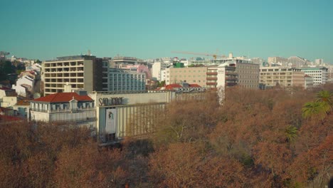 Lissabon-Stadtdach-Bei-Sonnenaufgang-Unter-Blauem-Himmel-über-Den-Bäumen-Widesteady-Shot-4k