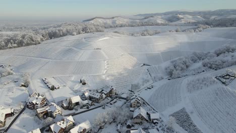Snowy-Suburban-Area-And-Vineyards-In-Offenburg,-Germany-On-A-Sunny-Winter-Day