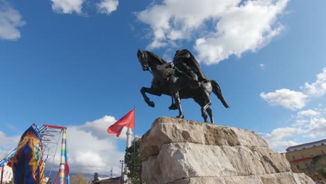 Statue-of-George-Kastrioti-Skanderbeg,-an-Albanian-national-heror-who-led-a-rebellion-against-the-Ottoman-Empire,-in-the-main-square-of-capital-city-of-Tirana