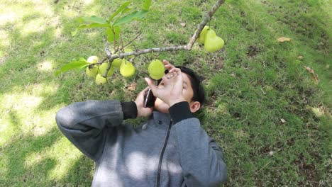 portrait-of-an-Asian-man-enjoying-a-water-apple-or-Syzygium-samarangense-while-lying-on-the-grass