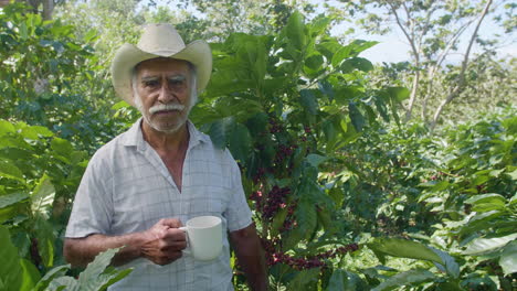 Ein-älterer-Bauer,-Der-Mitten-Auf-Dem-Eigentlichen-Kaffeeplantagenfeld-In-El-Salvador-Eine-Tasse-Kaffee-Trinkt