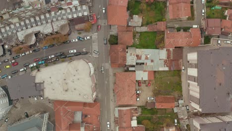 Birdseye-Aerial-View-of-Downtown-Streets-and-Buildings,-Novi-Pazar-City,-Serbia