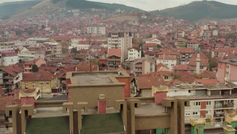 Aerial-View-of-Residential-Neighborhood-of-Novi-Pazar-City,-Serbia-on-Misty-Day