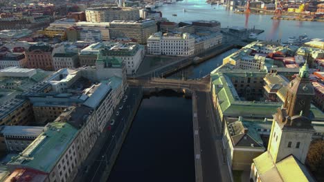 Edificios-En-El-Centro-De-Gotemburgo-Con-Canal-Del-Puerto-Y-Río-Gota-Alv-En-Gotemburgo,-Suecia