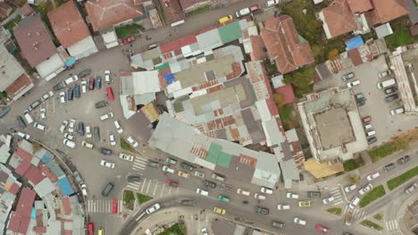 Top-down-aerial-flyover-shot-of-the-town-of-Novi-Pazar-in-southwestern-Serbia