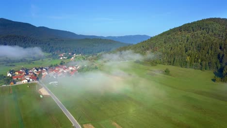 Aerial-Overview-of-Residential-Area-in-Mountains-with-Green-Prairie-and-Forests