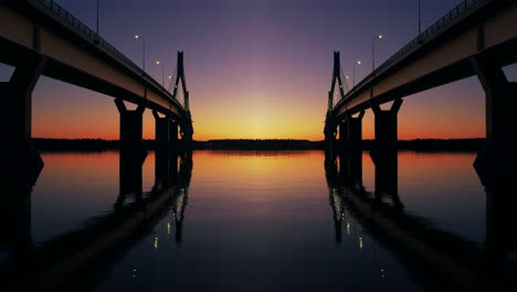 Romantische-Nacht,-Zwei-Brücken-Mit-Perfekter-Symmetrie,-Wasserspiegelung,-Sonnenuntergang