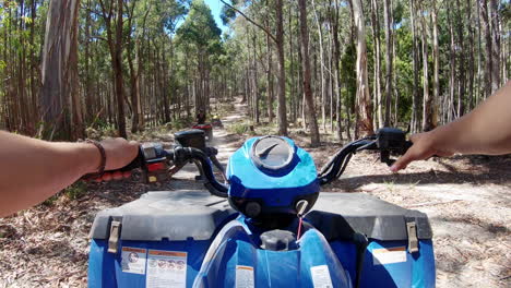 Pov-view-driving-a-blue-4x4-quad-at-Vpc-Spargo-Plantation,-Australia