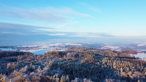 Stunning-Drone-Shot-Over-Snowy-Bois-Du-Jorat-Forest-In-Canton-Of-Vaud,-Switzerland---Aerial-backward