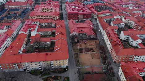 Aerial-Flyover-Of-A-Colourful-School-And-Playground-In-Central-Gothenburg,-Sweden