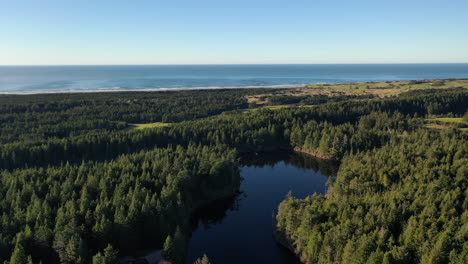 Herrlicher-Blick-Auf-Den-Fahys-Lake-In-Oregon,-Bestehend-Aus-Grünen-Kiefern-Und-Strahlend-Blauem-Himmel-Darüber---Luftaufnahme