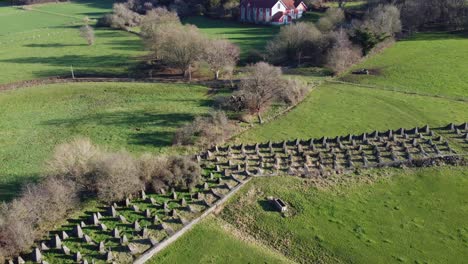 Aerial-View-from-Siegfried-Line,-also-known-as-Dragon-Teeth-with-a-house-in-the-background