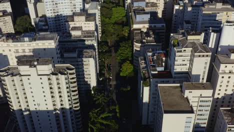 Drone-Aerial-Shoot-Unveiling-the-Cityscape-of-a-Big-Metropolis-Passing-Through-Big-Buildings-on-Sao-Paulo-city,-Brazil,-Dolly-In-and-Tilt-Up