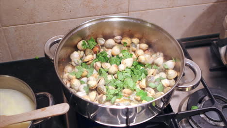 Close-up-shot-of-pot-full-of-fresh-clams-and-vegetables-cooking-on-stove-in-kitchen
