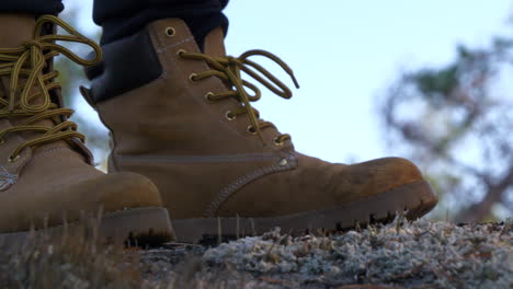 Close-up-shot-of-hiking-boots-in-forest-landscape