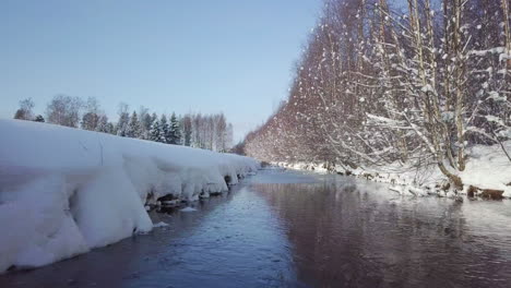 Wald-Eisiger-Fluss-Während-Der-Wintersaison-In-Drohnenaufnahme-Mit-Niedrigem-Winkel
