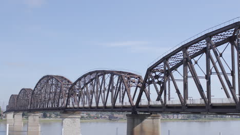 Closeup-view-of-the-Big-Four-Bridge-over-the-Ohio-River-towards-Jeffersonville-Indiana-with-a-pan-left-on-a-sunny-summer-day