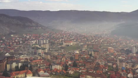Panorama-Of-Tutin-Town-And-Municipality-With-Fog-Raska,-Serbia