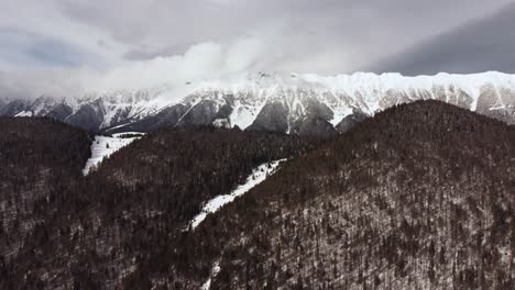 Luftaufnahme,-Die-über-Grünen-Kiefernwald-In-Einer-Bergkette-Fliegt,-Die-Mit-Schnee-Bedeckt-Ist