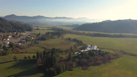 Aerial-View-Of-Rural-Farmland-In-Myrtle-Point,-Coos-County,-Oregon-On-A-Sunny-Day-Of-Autumn---aerial-orbit