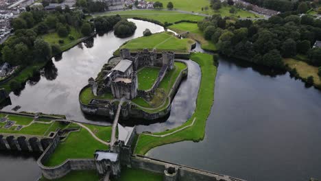 Medieval-Caerphilly-Castle-in-South-Wales,-UK,-aerial-view