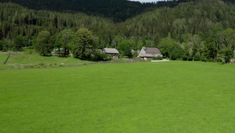 Mountain-village-in-European-Alps-surrounded-with-green-meadows-and-pastures,-Jezersko,-Slovenia