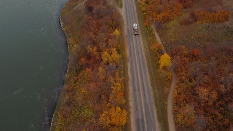 Aerial-Truck-Driving-Through-Qu'appelle-Valley-Road